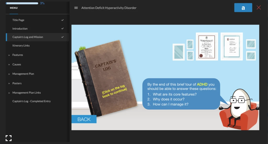 The MindSkiller eLEARNING interface open on the Attention Deficit Hyperactivity Disorder unit