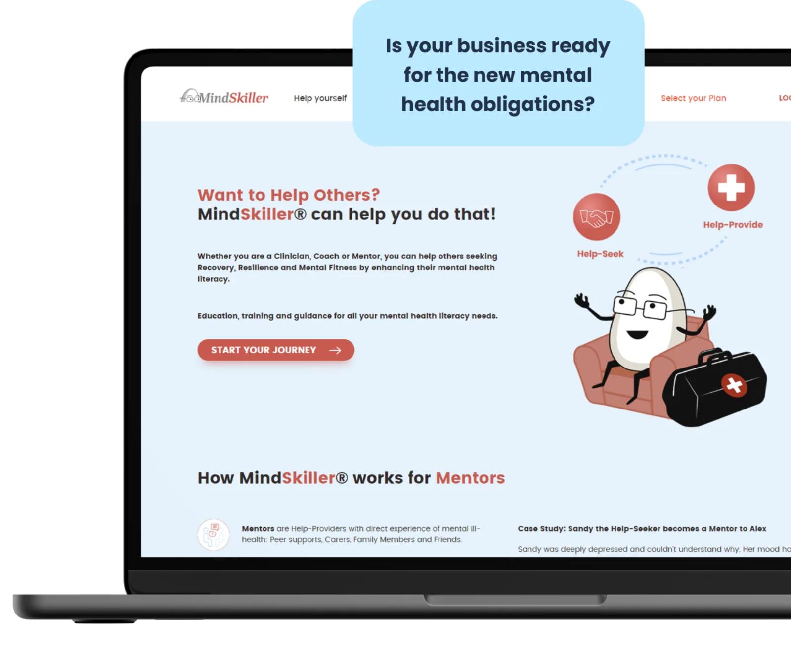 The MindSkiller® platform on a laptop beside a card asking “Is your business ready for the new mental health obligations?”